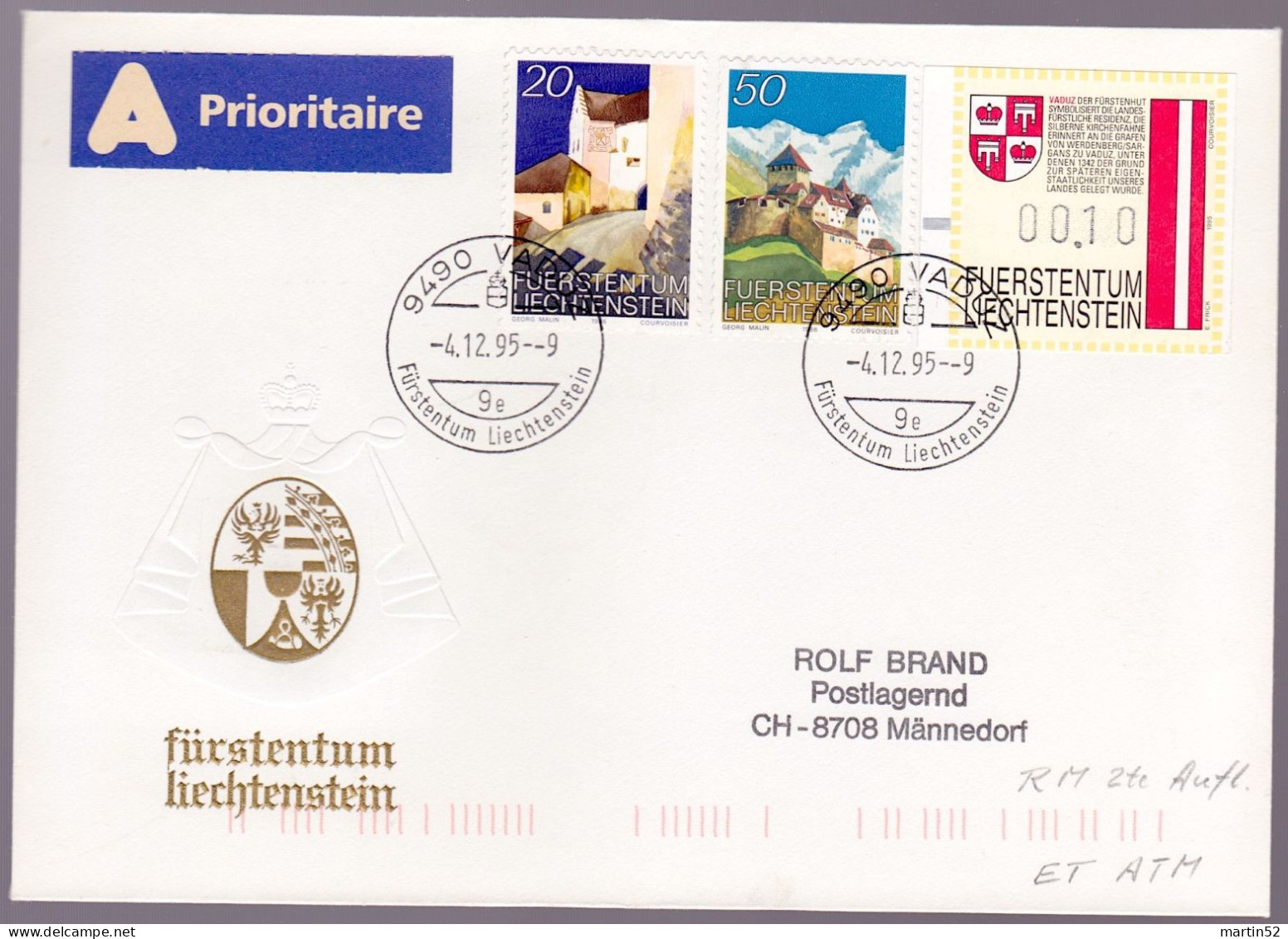 Liechtenstein 1995: Rollenmarken Rouleaux Coil-stamps Zu 836-837R Mi 896-897 Yv 837-838 + ATM Mit O VADUZ 4.12.96 - Variétés