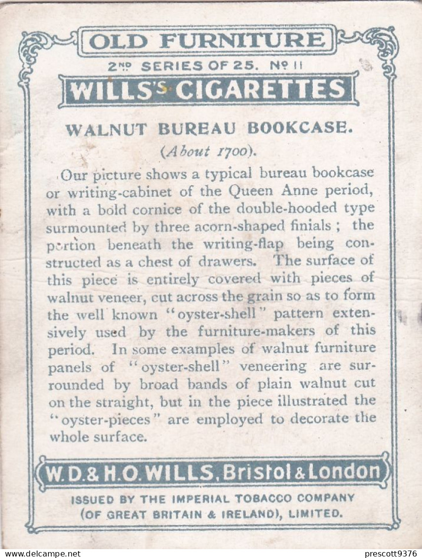 Old Furniture 1923 - No11 Walnut Bureau Bookcase C1700 - Wills Cigarette Card - Original Card - Large Size - Wills