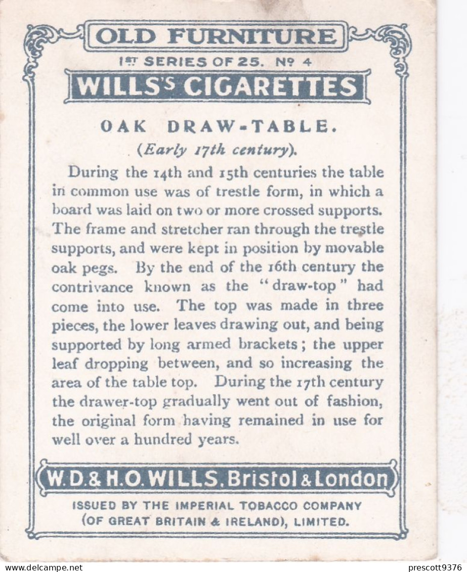 Old Furniture 1923 - No4 Oak Draw Table Early 17C  - Wills Cigarette Card - Original Card - Large Size - Wills