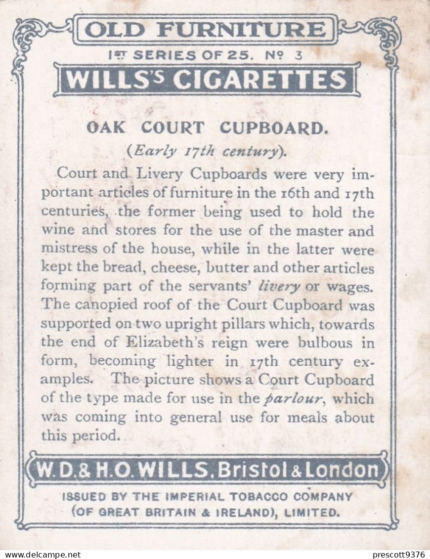 Old Furniture 1923 - No3 Oak Court Cupboard  17C  - Wills Cigarette Card - Original Card - Large Size - Wills