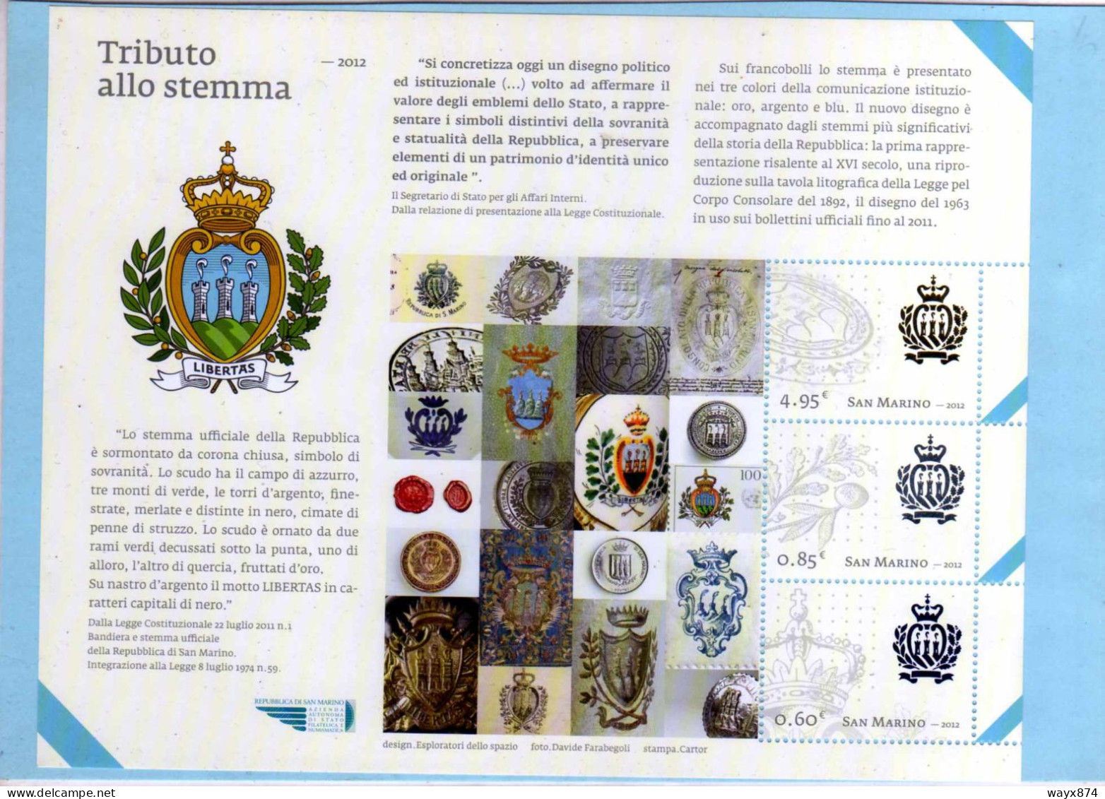 SAN MARINO 2012-TRIBUTO ALLO STEMMA-FOGLIETTO NUOVO-BF 117 - Unused Stamps