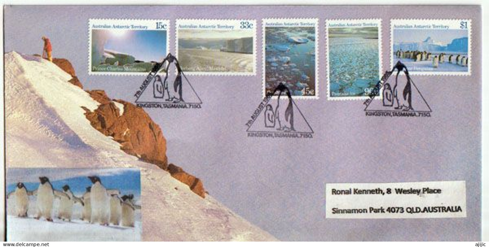 Paysages Du Territoire Antarctique Australien. FDC Oblitération Pingouins, Série AAT Nr 68/72, Année 1985 - FDC