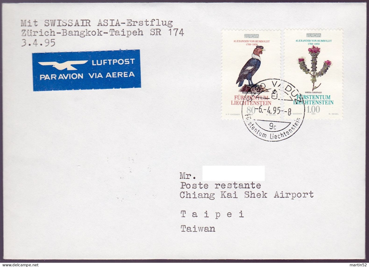 Liechtenstein 1995: SWISSAIR ASIA-Erstflug Zürich > Bangkok > Taipeh Zu 1021-22 Mi 1079-80 Yv 1020-21 Mit O VADUZ 6.4.95 - Air Post