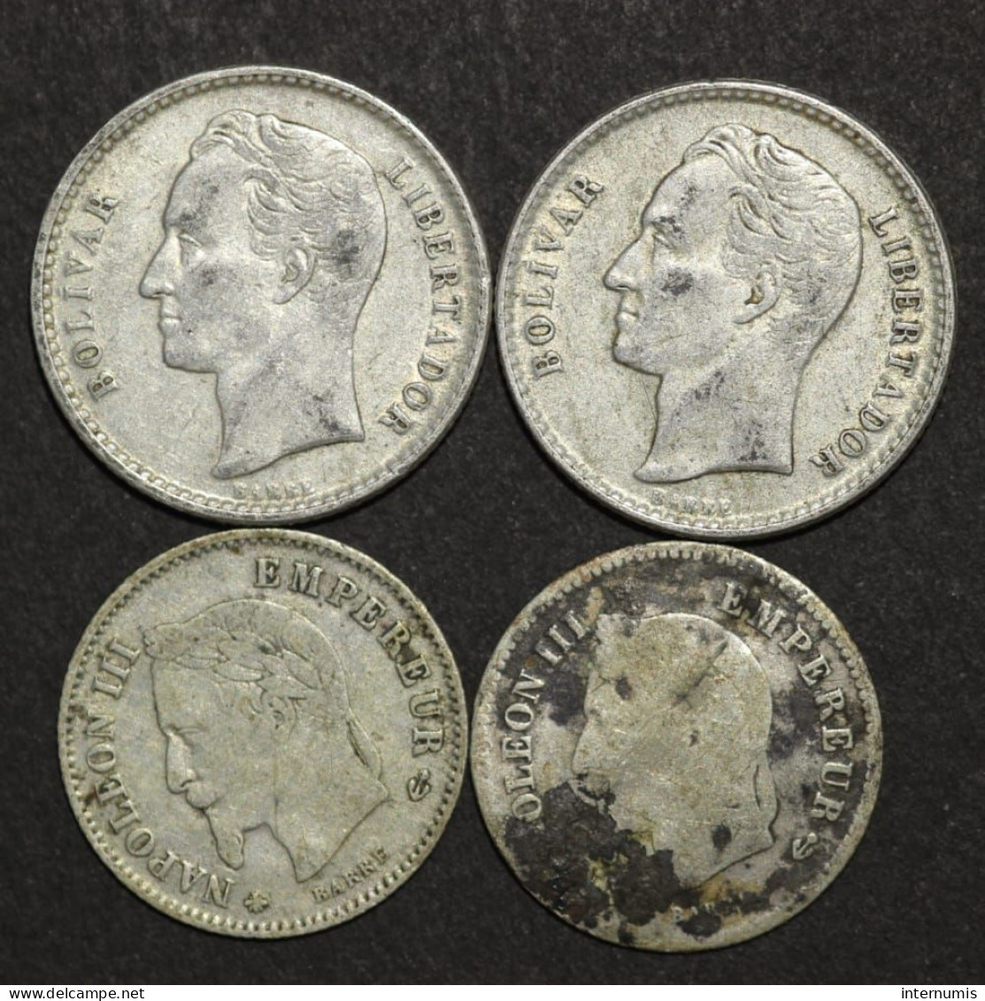 Lot, France (2)  20 Centimes Napoleon III 1867-A & 1867-BB & Venezuela (2) 50 Centimos - 1954,  Argent (Silver) - Vrac - Monnaies