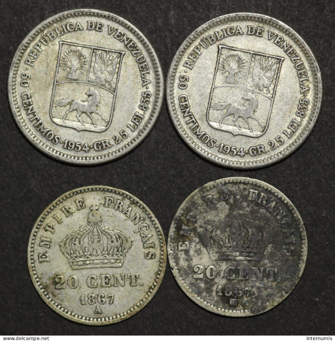 Lot, France (2)  20 Centimes Napoleon III 1867-A & 1867-BB & Venezuela (2) 50 Centimos - 1954,  Argent (Silver) - Vrac - Monnaies