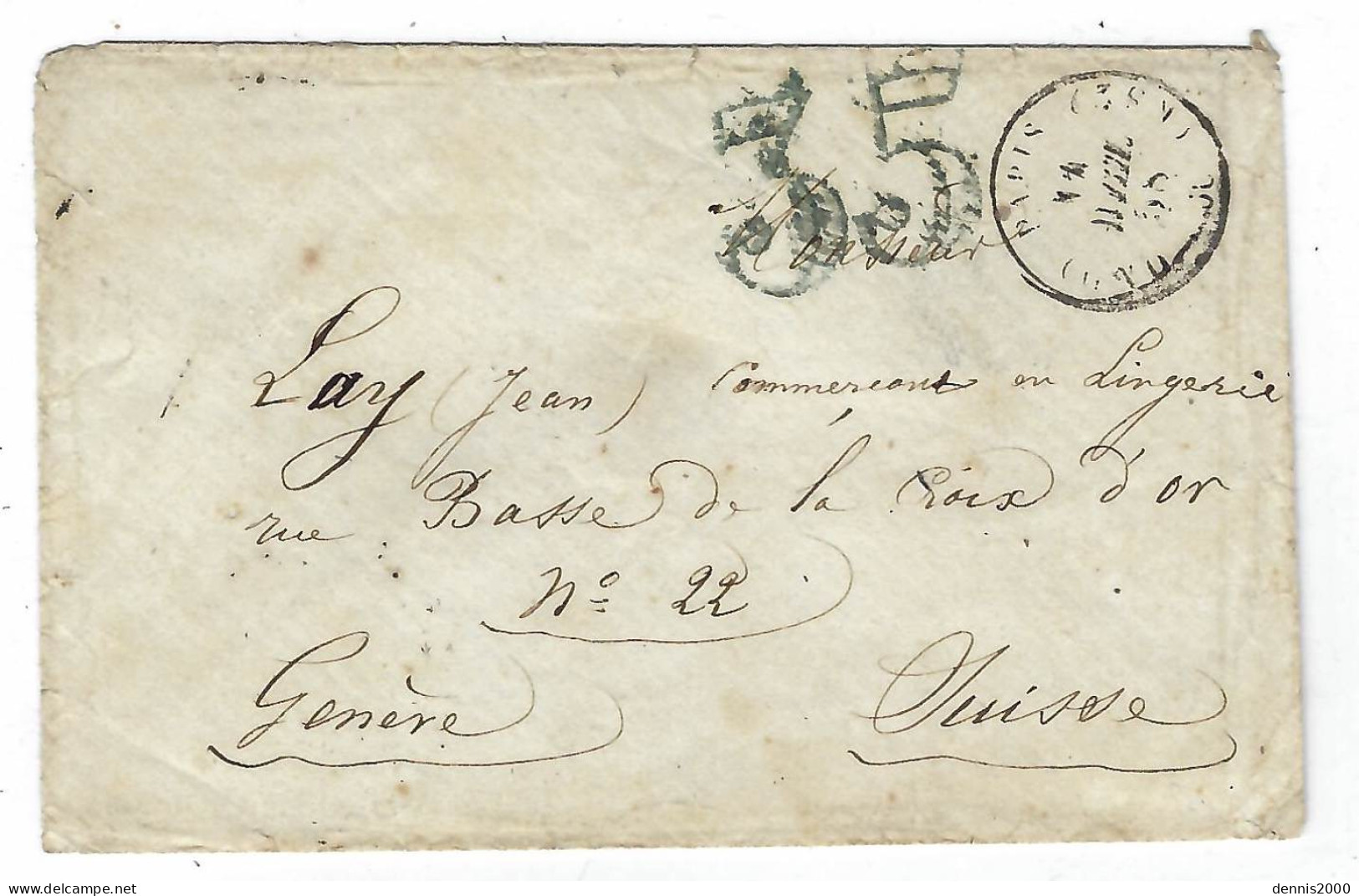 1858 - Lettre En Port Du De Paris Pour Genève - Taxe Double Trait Française 35  Verte Foncée - Lettres & Documents