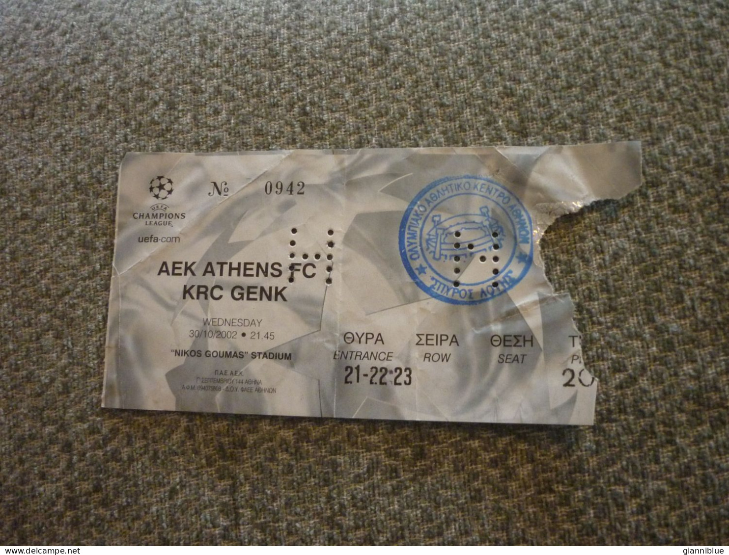 AEK-KRC Genk UEFA Champions League Football Match Ticket Stub 30/10/2002 (hologram) - Eintrittskarten