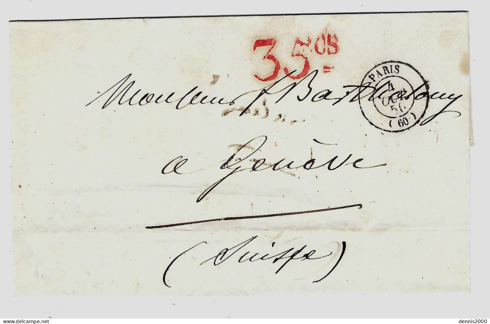 4 - 10 - 1850 - Lettre En Port Du De Paris  Pour Genève - Taxe  35 CS  De Genève Rouge - 1843-1852 Poste Federali E Cantonali