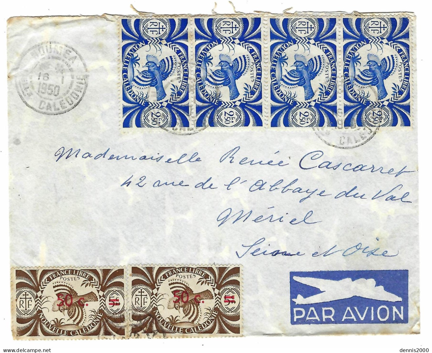 1950 - Lettre PAR AVION De NOUMEA   Pour La France - Affr. France Libre  N° 239 X 4 + N° 249 X 2 - Lettres & Documents