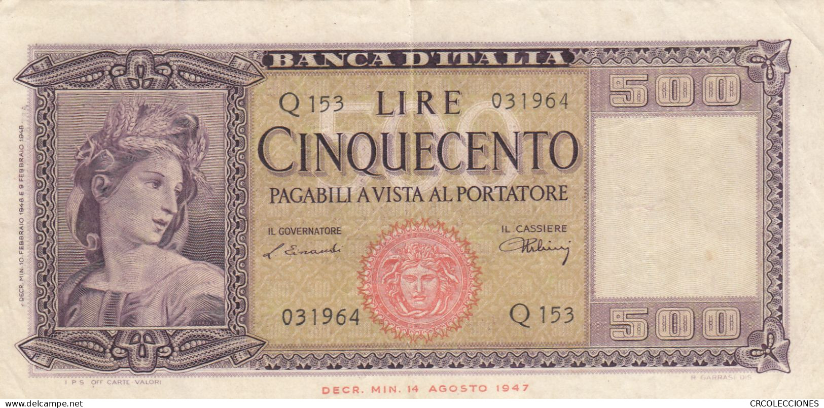 CRBX243 BILLETE ITALIA 500 LIRAS 1953 MBC - Altri & Non Classificati