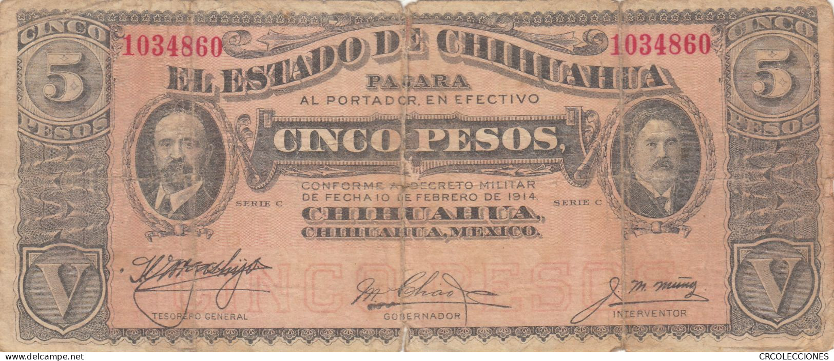 CRBX244 BILLETE MEXICO 5 PESOS 1914 MC - Mexique