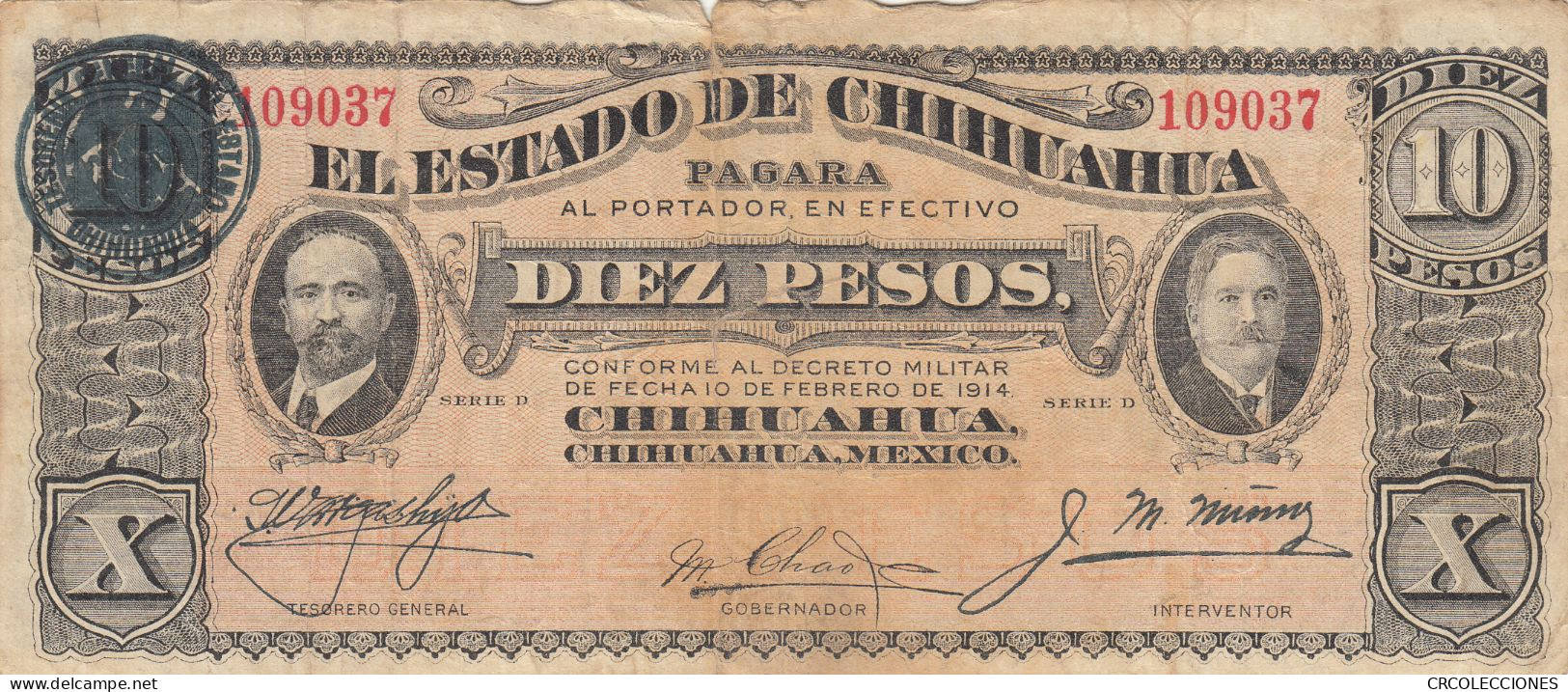 CRBX249 BILLETE MEXICO 10 PESOS 1914 BC - Mexique