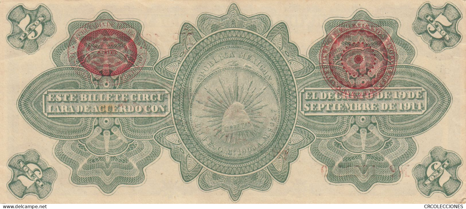 CRBX248 BILLETE MEXICO REVALIDADO 5 PESOS 1914 BC - Mexique