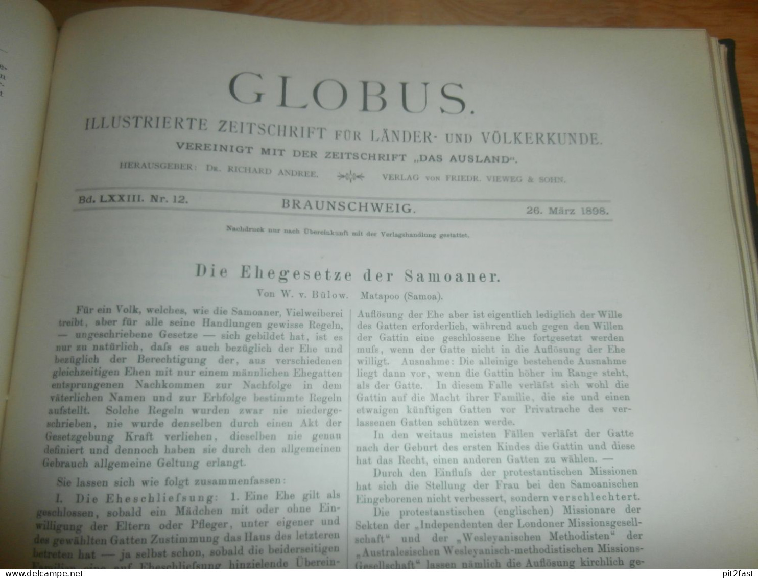 Völkerkunde Januar bis Juni 1898, gebundene GLOBUS Zeitschriften , Expedition , Kolonie , Reise , Berichte , Etnologie !