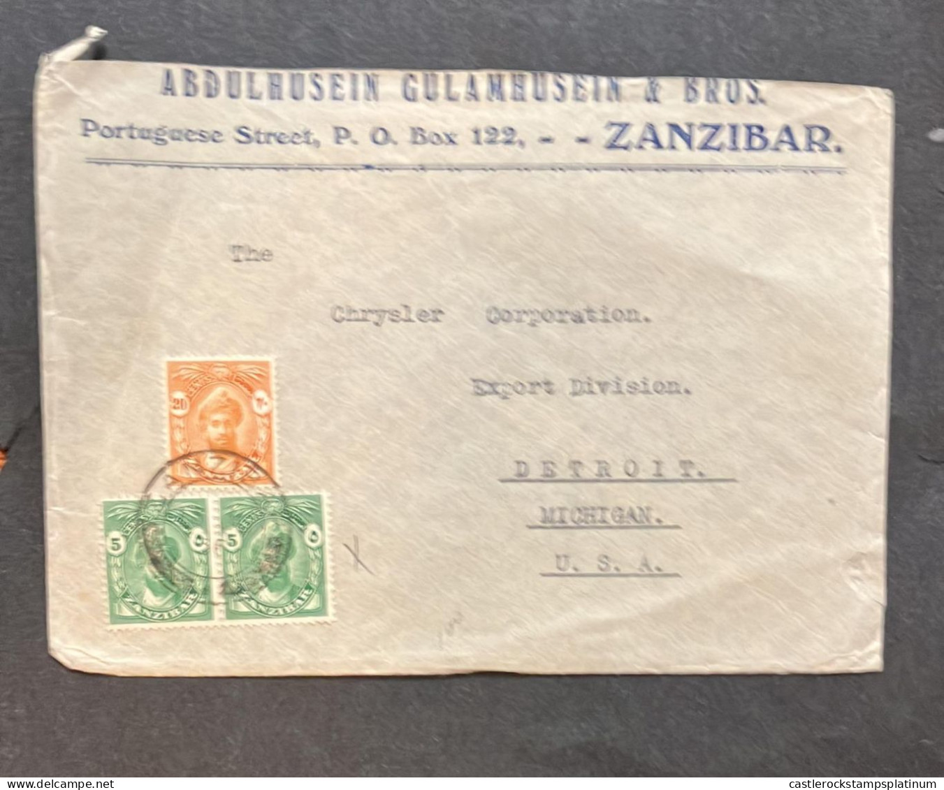 O) 1956 ZANZIBAR,  SULTAN KHALIFA BIN HARUB, ABDULHUSEIN GULAMHUSEIN  CIRCULATED COVER TO USA, XF - Zanzibar (1963-1968)