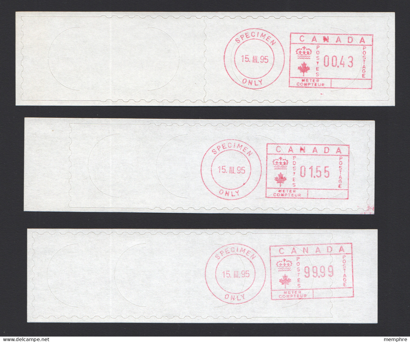 1995  Set Of 3 Ascom Hasler SPECIMEN  Franking Labels $0,43, $1.55 And $99,99 - Vignette Di Affrancatura (ATM) – Stic'n'Tic