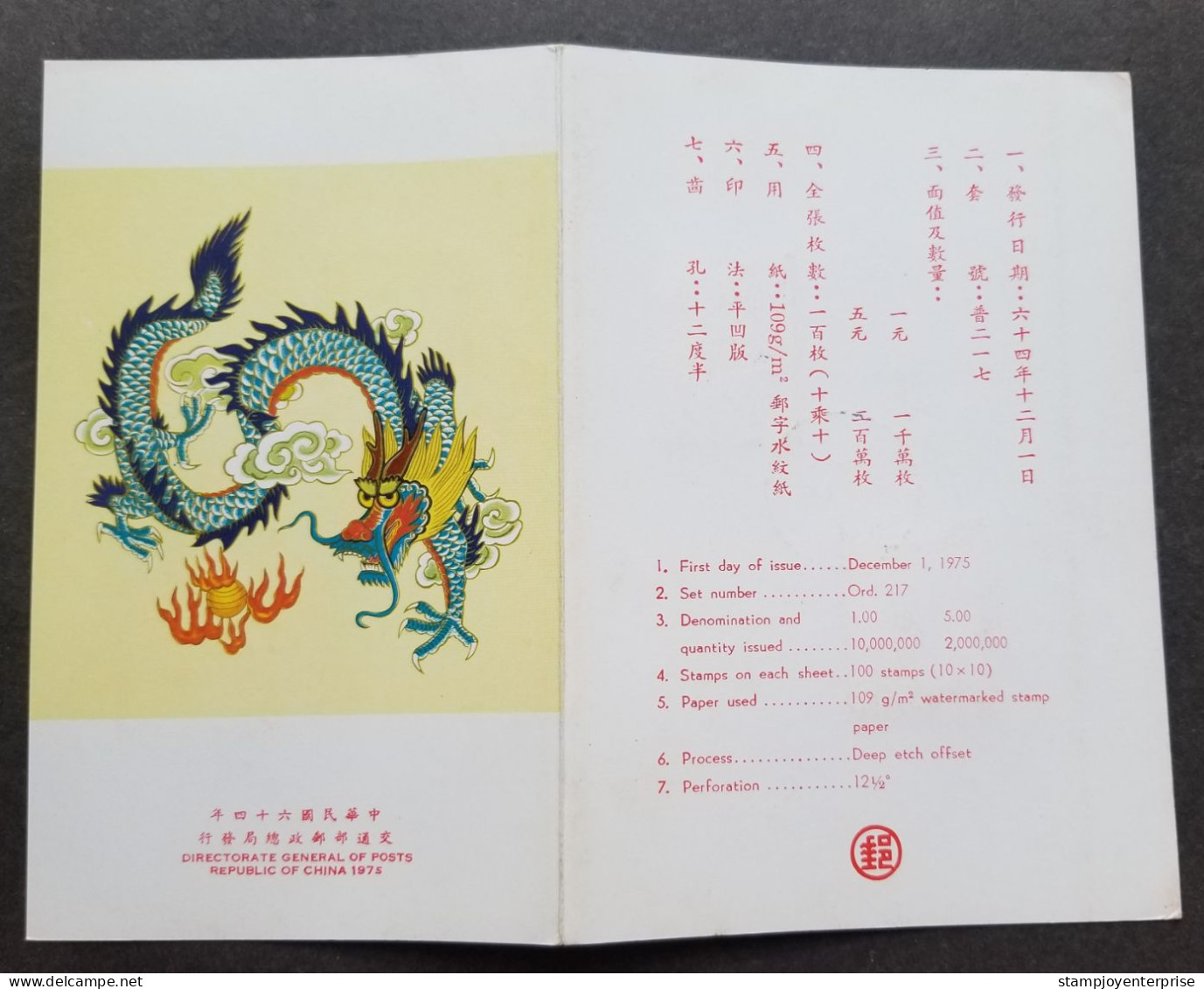 Taiwan Greeting Year Of Dragon 1975 New Year Greeting Lunar Chinese Zodiac (FDC) *card *see Scan - Covers & Documents