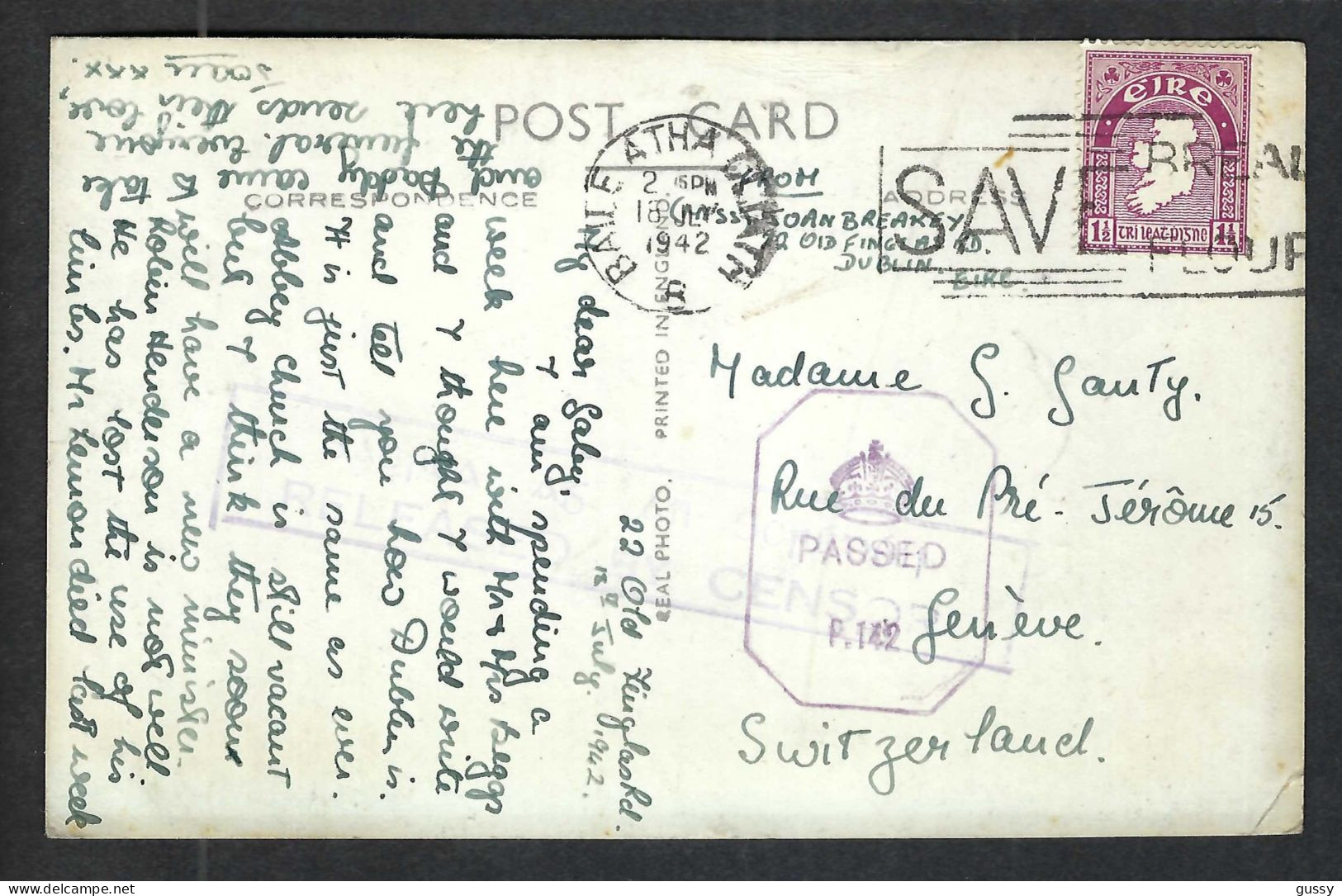 IRLANDE 1942: CP De Dublin Pour Genève (GE, Suisse) - Storia Postale