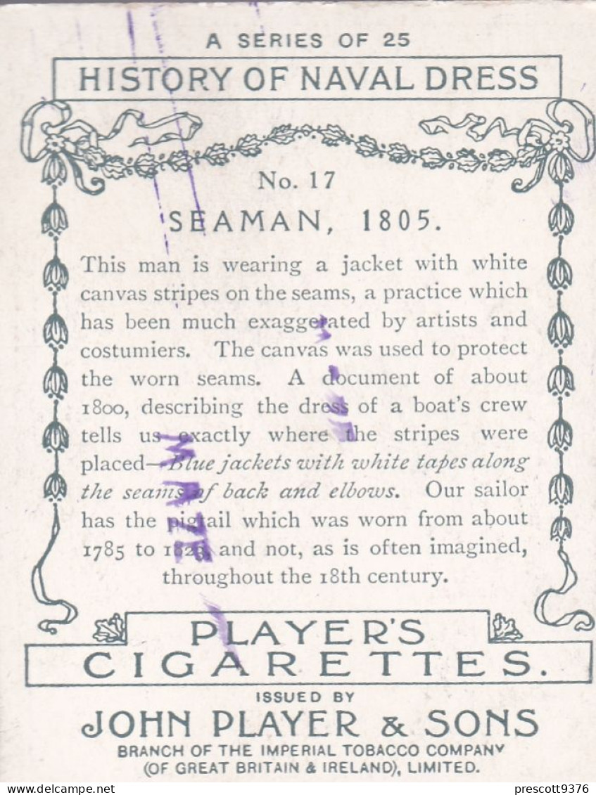 History Of Naval Dress 1929 - 17 Seaman 1805  - Players Cigarette Card - Original Card - Large Size - Wills