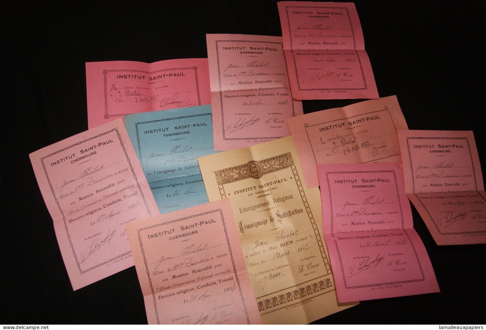 11 Documents Institut Saint-Paul (Cherbourg/dpt 50) 1937 - Diplômes & Bulletins Scolaires
