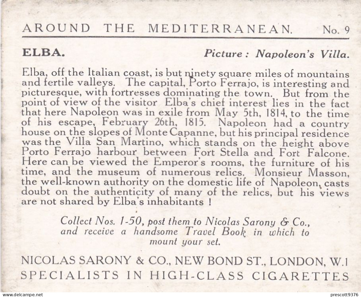 Around The Mediterranean 1926 - 9 Elba, Napoleon's Villa - Sarony Cigarette Card - Original Card - Large Size - Wills