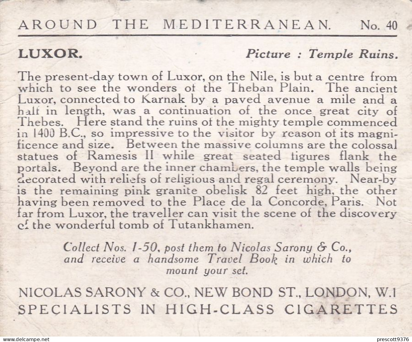 Around The Mediterranean 1926 - 40 Luxor, Temple Ruins  - Sarony Cigarette Card - Original Card - Large Size - Wills
