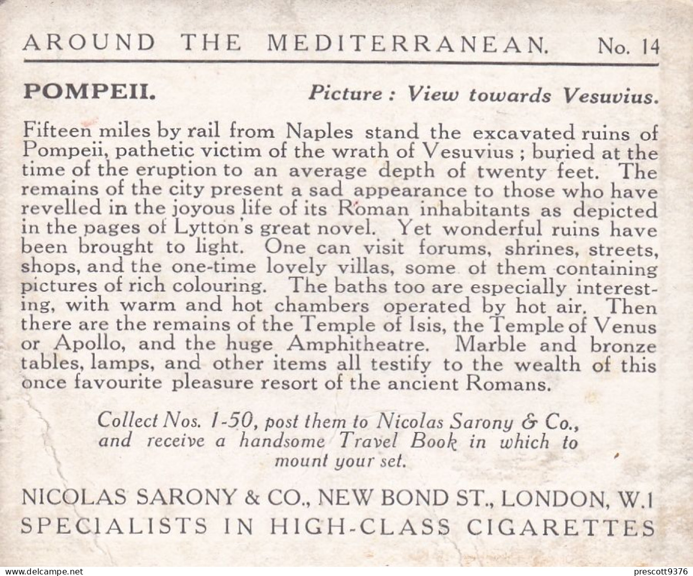 Around The Mediterranean 1926 - 14 Pompeii, View Of Vesuvius  - Sarony Cigarette Card - Original Card - Large Size - Wills