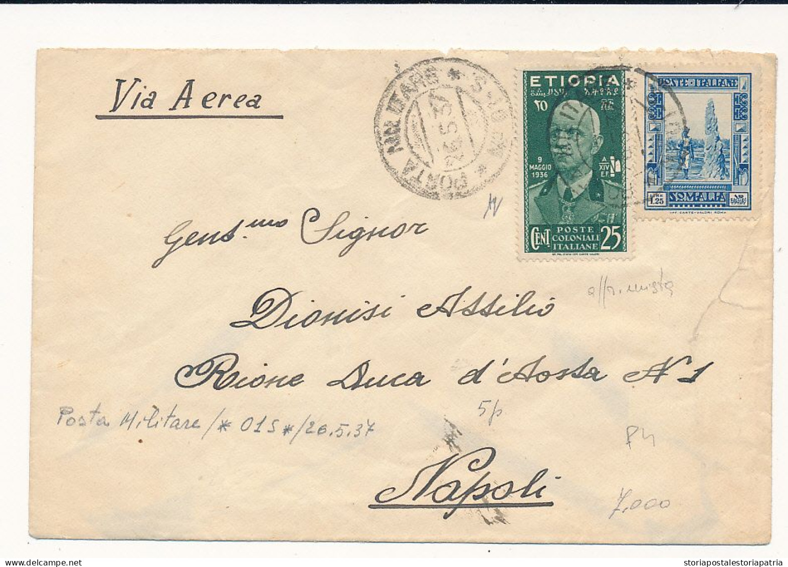 1937 COLONIE ITALIANE SOMALIA MISTA SOMALIA ETIOPIA POSTA MILITARE 01 S - Somalië