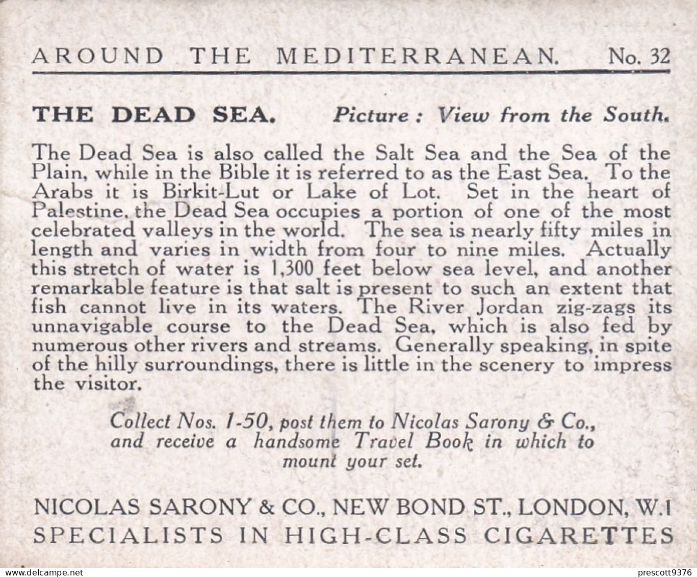 Around The Mediterranean 1926 - 32 The Dead Sea - Sarony Cigarette Card - Original Card - Large Size - Wills