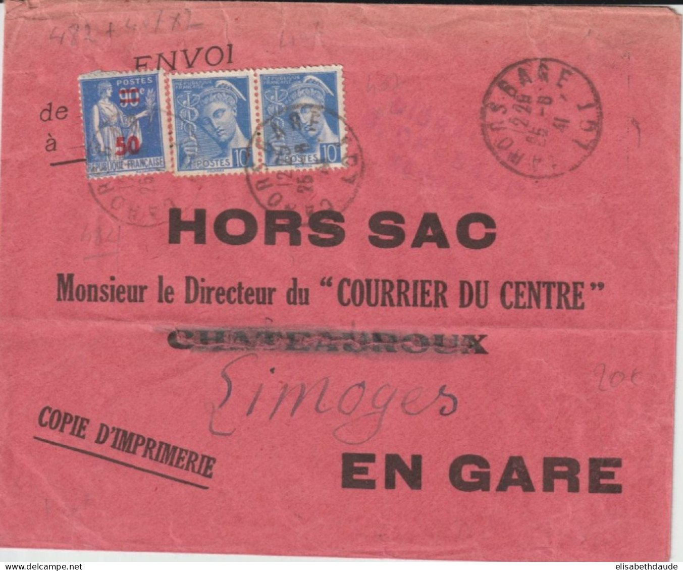 1941 - MERCURE + PAIX SURCHARGE SUR ENVELOPPE HORS-SAC ! De CAHORS-GARE (LOT) - Lettres & Documents