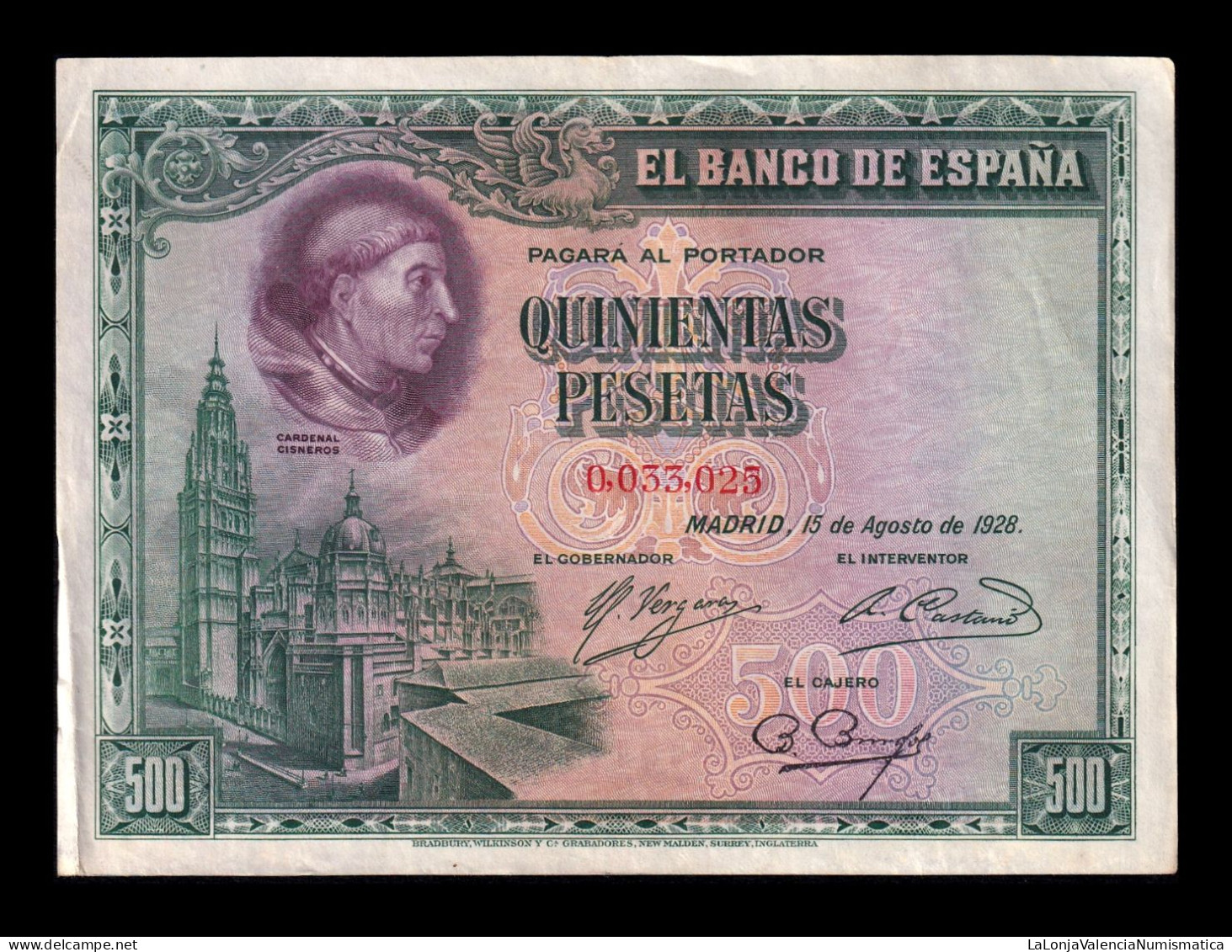 España Spain 500 Pesetas Cardenal Cisneros 1928 Pick 77 Numeración Baja Mbc+ Vf+ - 500 Peseten