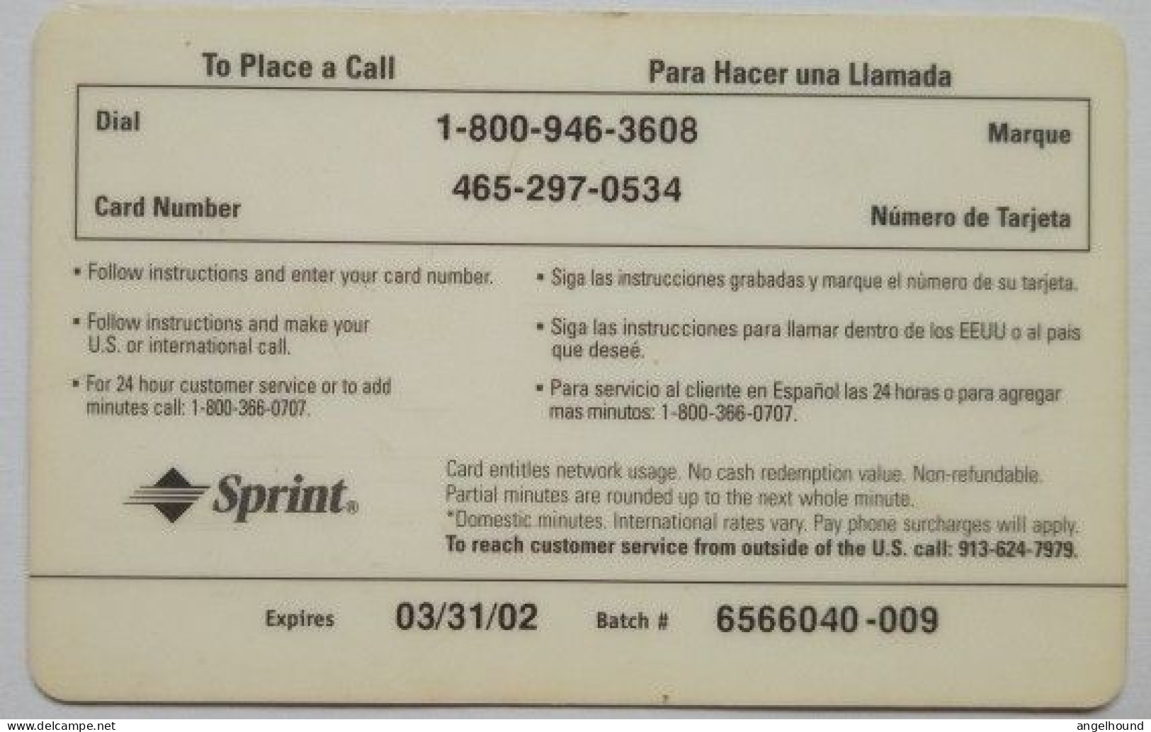 USA Sprint $10 Prepaid Phonecard - Telephone - Sprint