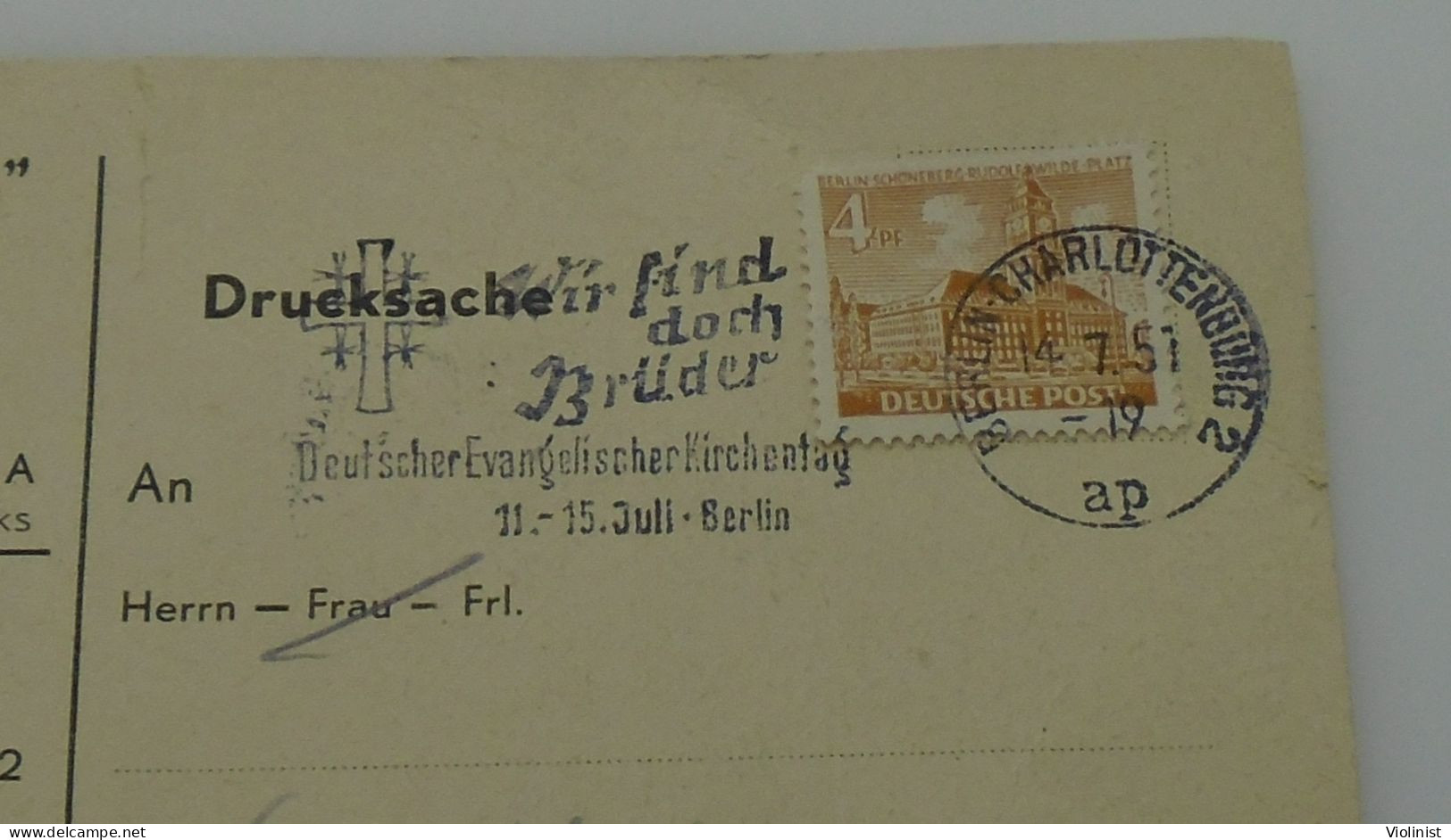 Germany-Alte Volksfürsorge-Geschäftsstelle Berlin- Postmark BERLIN-CHARLOTTENBURG 1951. - Cartes Postales Privées - Oblitérées