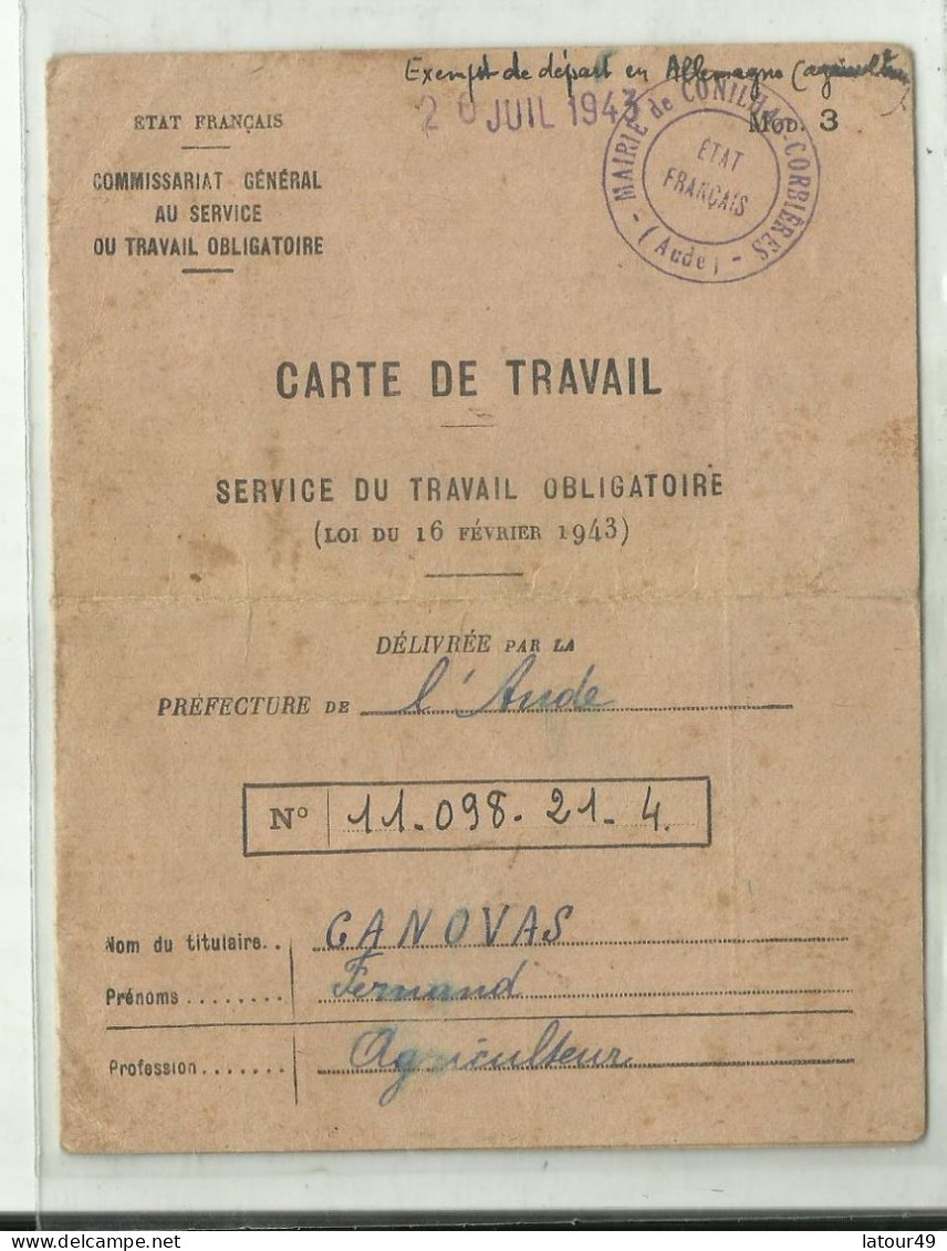 CARTE DE TRAVAIL........SERVICE DU TRAVAIL OBLIGATOIRE 1943 - 1939-45