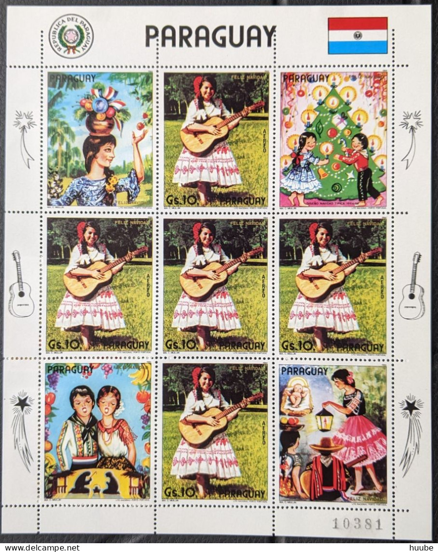Paraguay, 1985, Mi 3833, Christmas, Paraguayan Woman In Costume With Guitar, Sheet Of 5 With 4 Different Label, MNH - Musique