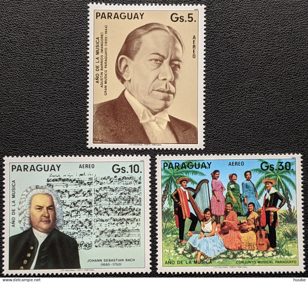 Paraguay, 1985, Mi 3860-3862, Year Of Music, Agustin Barrio, Johann Sebastian Bach, Music Group, 3v, MNH - Musique