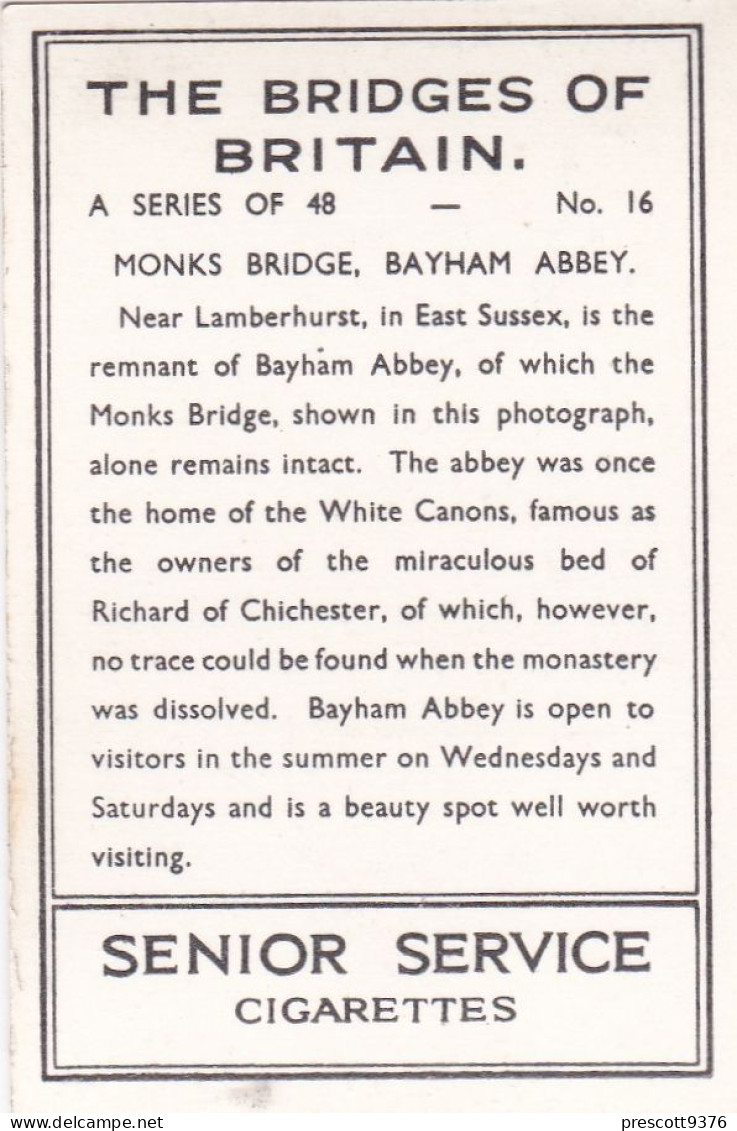 Bridges Of Britain 1938 - Senior Service Photo Card - M Size - RP - 16 Monks Bridge, Bayham Abbey, E Sussex - Wills