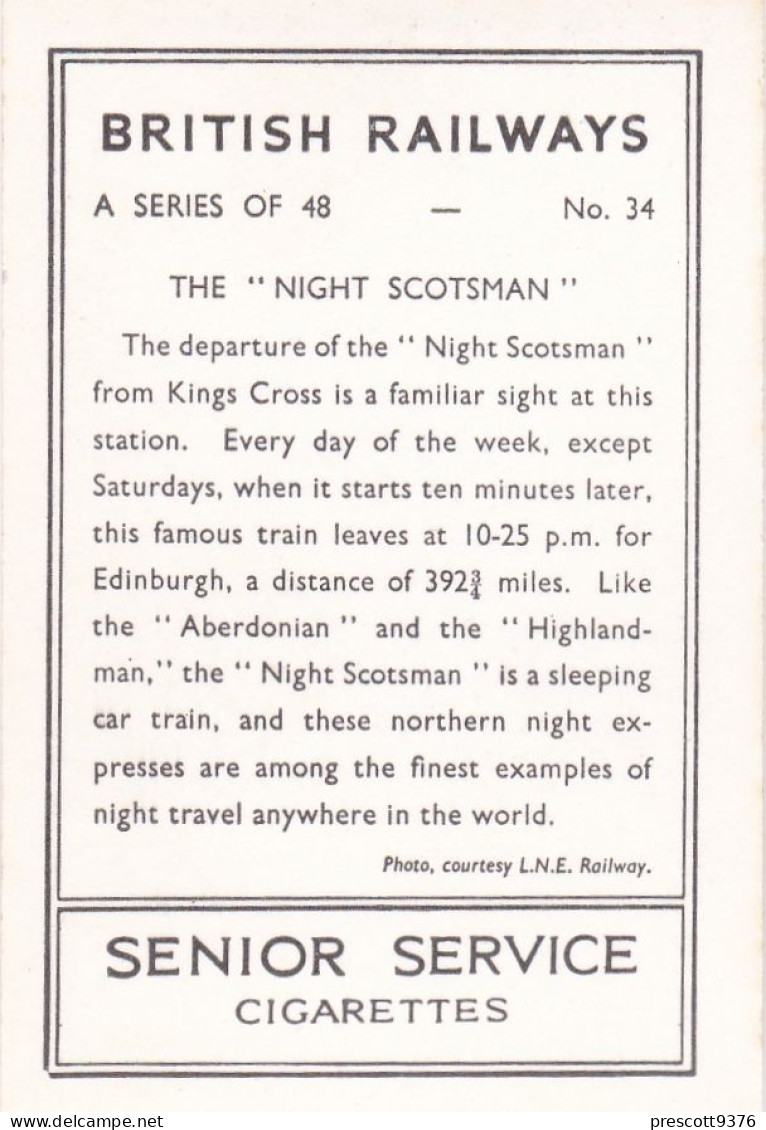 British Railways 1938 - Senior Service Photo Card - M Size - RP - 34 The Night Scotsman, Kings Cross - Wills