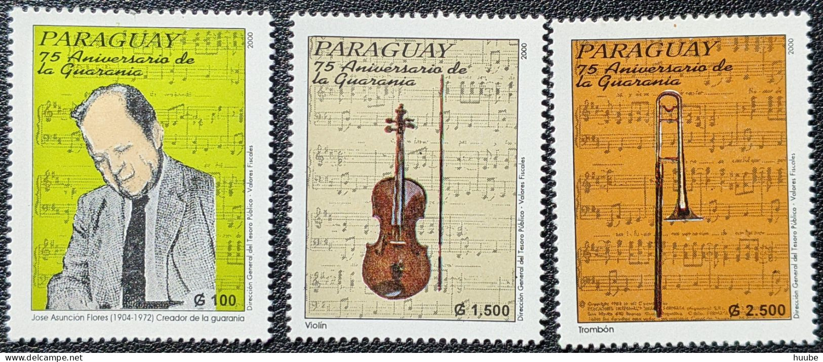 Paraguay, 2000, Mi 4840-4842, 75th Anniversary Of Guarania, José Asunción Flores + Violin + Trombone, 3v, MNH - Musique