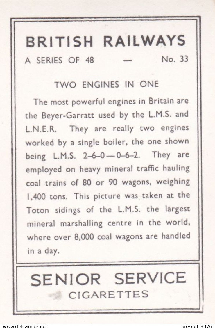 British Railways 1938 - Senior Service Photo Card - M Size - RP - 33 Bayer Garratt Engine LNER - Wills