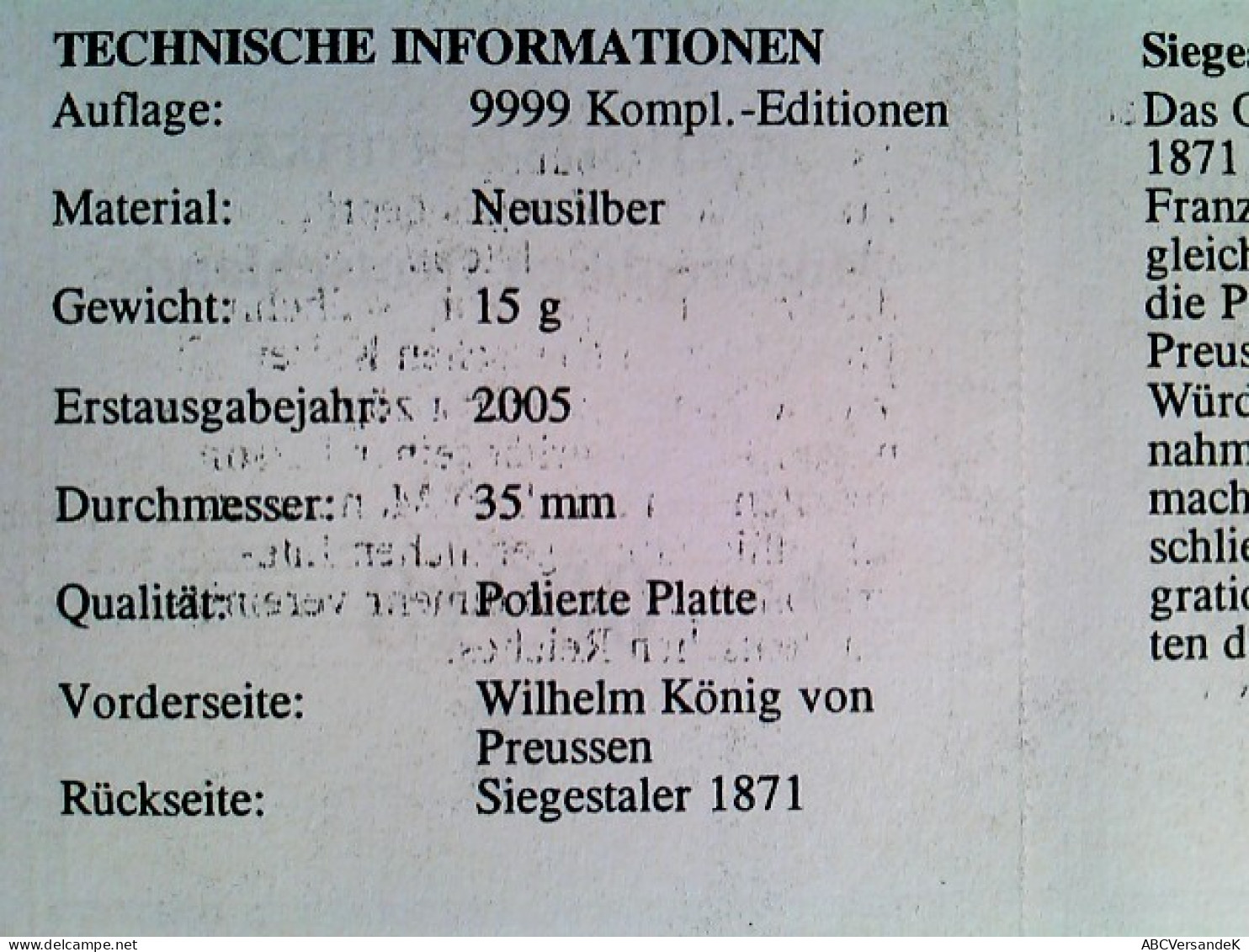 Medaille/Münze, Münzrepliken Deutschlands, Siegestaler Wilh. V. Preussen, Neusilber, 35 Mm, Zertifikat, PP - Numismatica