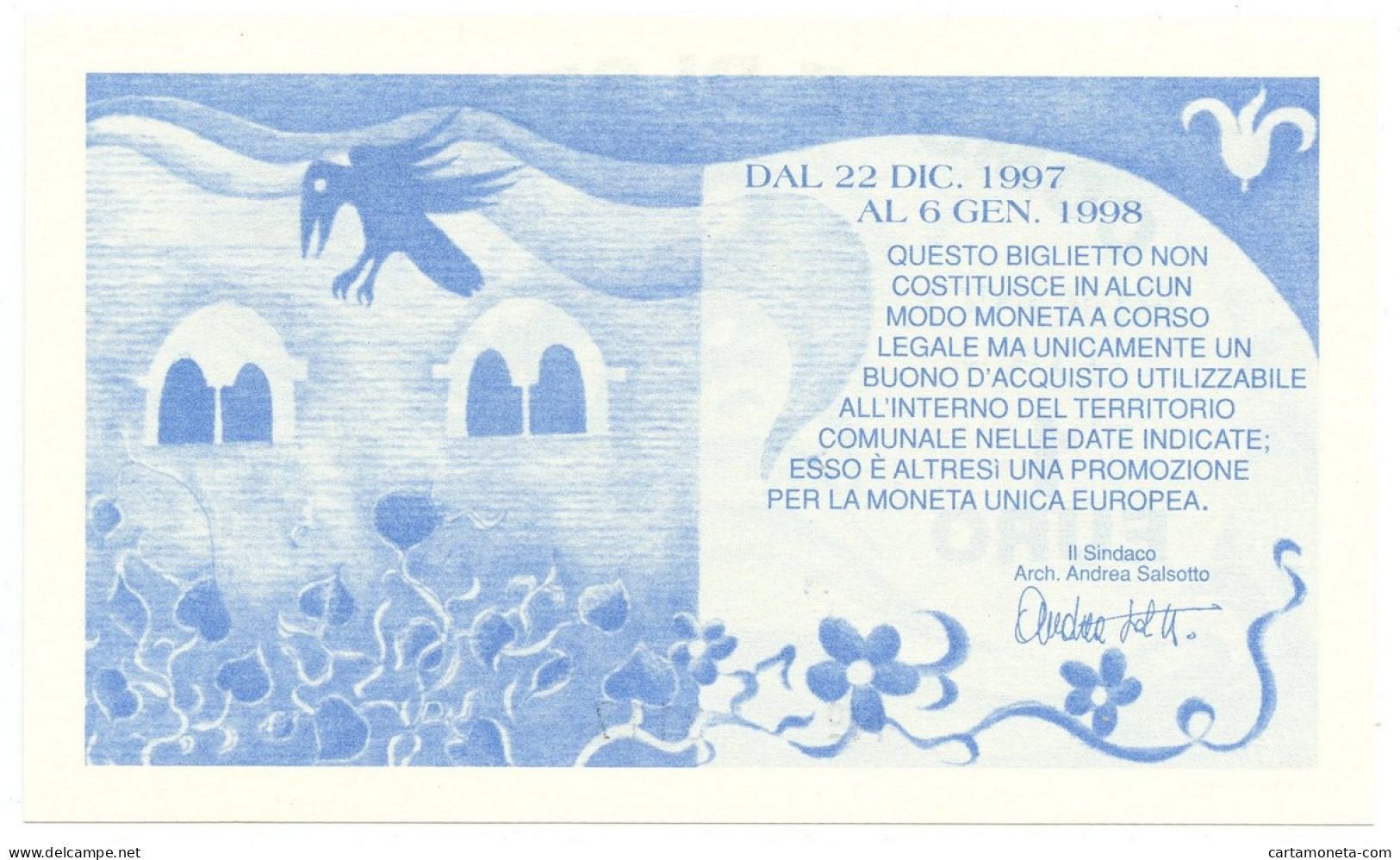 1 EURO BUONO COMUNALE COMUNE DI STROPPO 22/12/1997 FDS-/FDS - [ 7] Fautés & Variétés