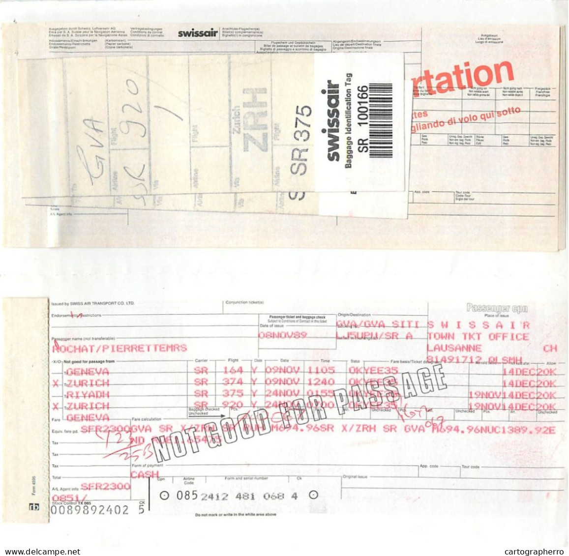 Swissair Passenger Ticket And Baggage Check - Billetes