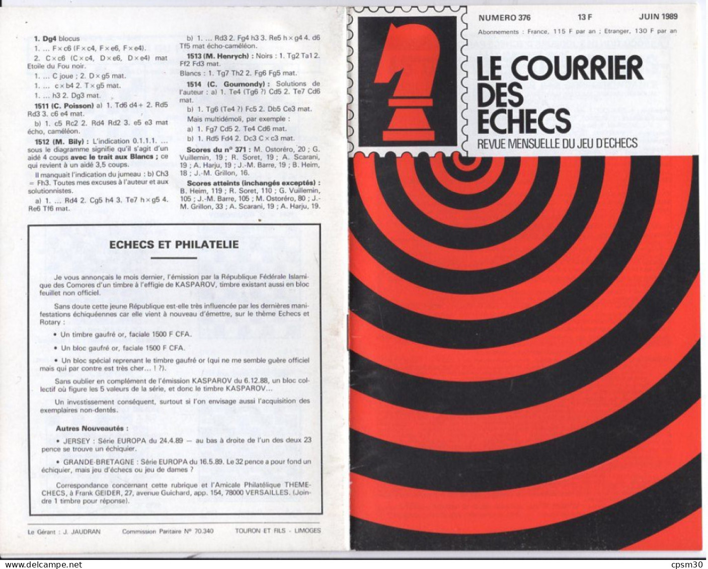 LIVRE - Le Courrier des Echecs, revue mensuelle du jeu d'echec, 15 n° de 322 juillet 1984 à 393 janvier 1991