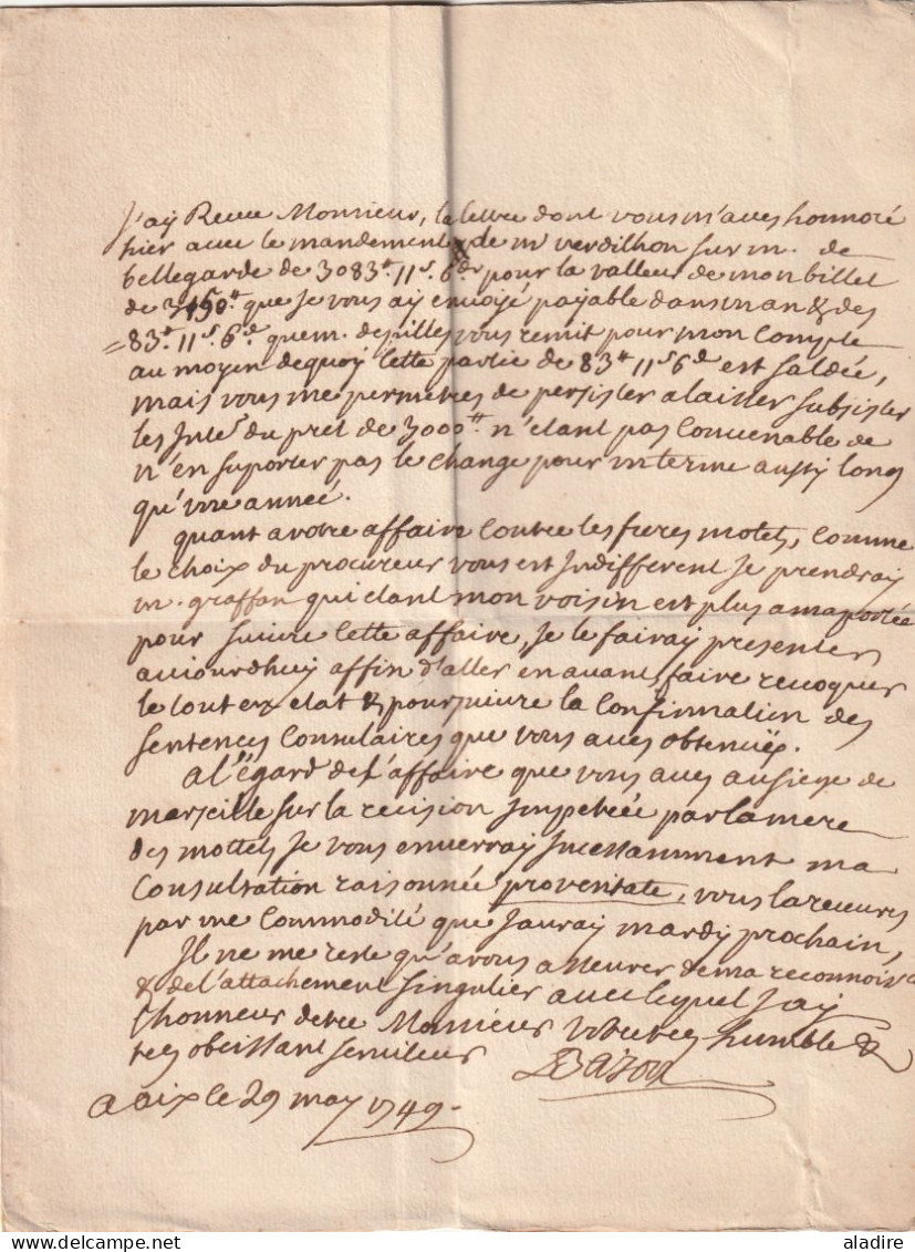 1749 - Marque Manuscrite D'AIX Sur Lettre Pliée Avec Correspondance Vers MARSEILLE - Règne De Louis XV - 1701-1800: Vorläufer XVIII