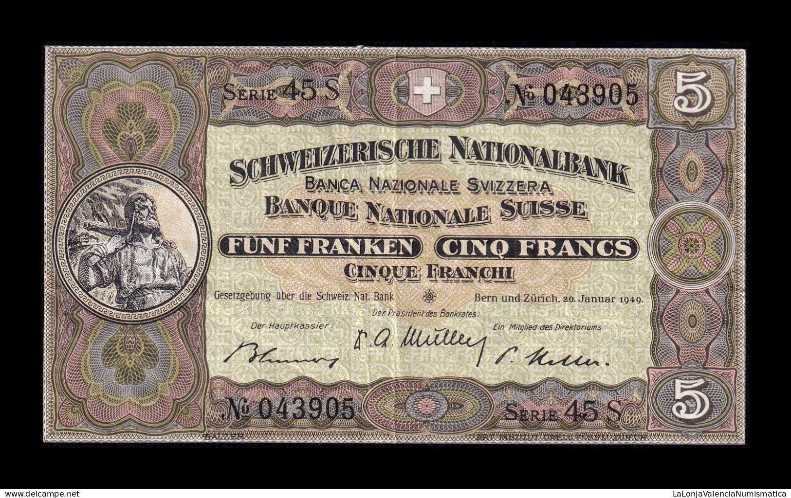 Suiza Switzerland 5 Francs 1949 Pick 11n (3) Serie 45S Mbc/+ Vf+ - Switzerland