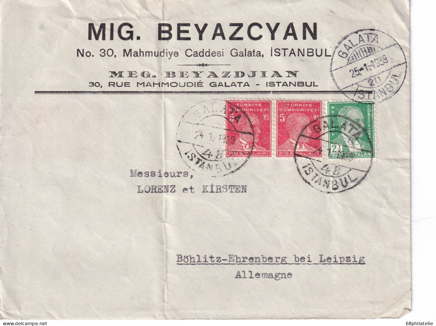 TURQUIE LETTRE DE GALATA 1939 - Briefe U. Dokumente