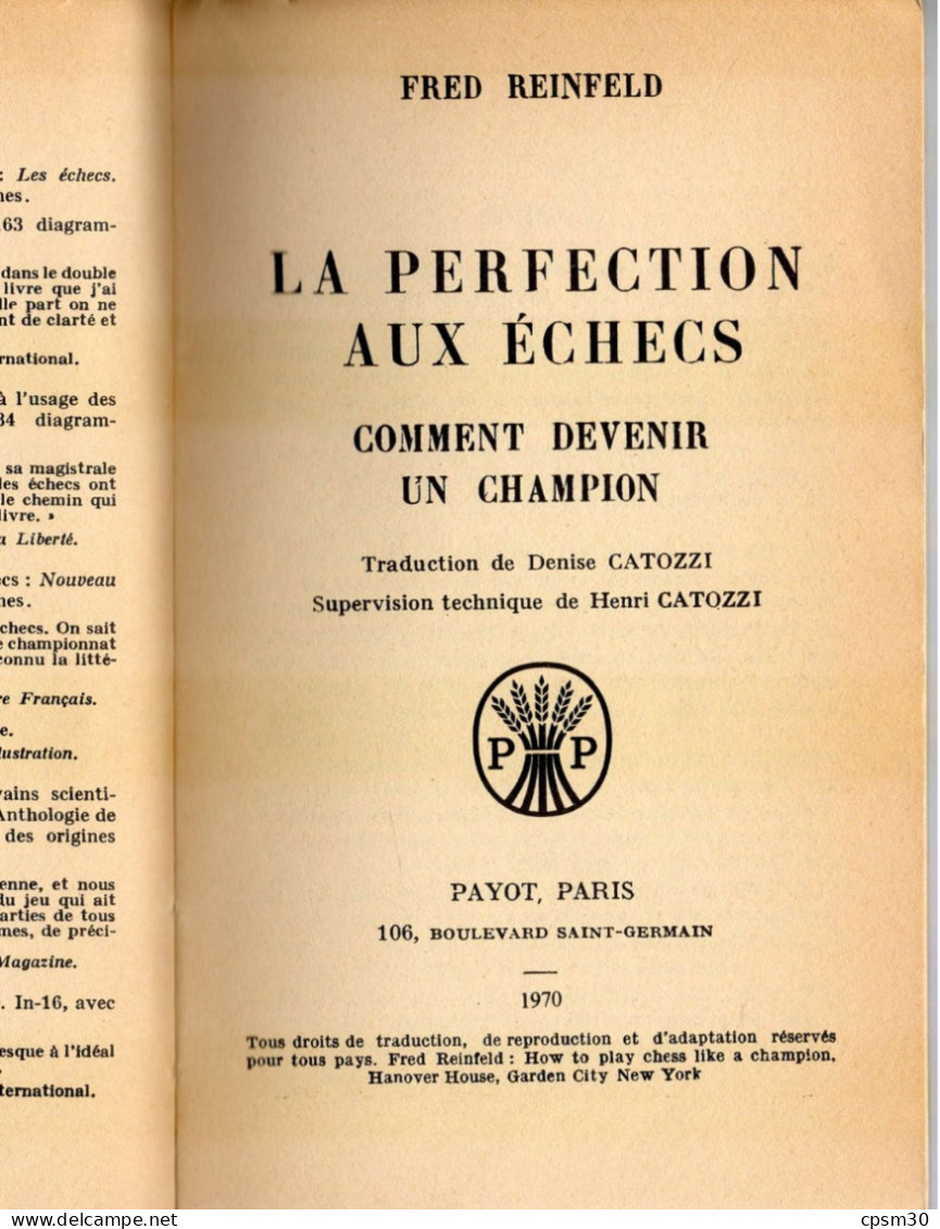 LIVRE - La Perfection Aux Echecs Chez Payot Paris, 1970 - Juegos De Sociedad