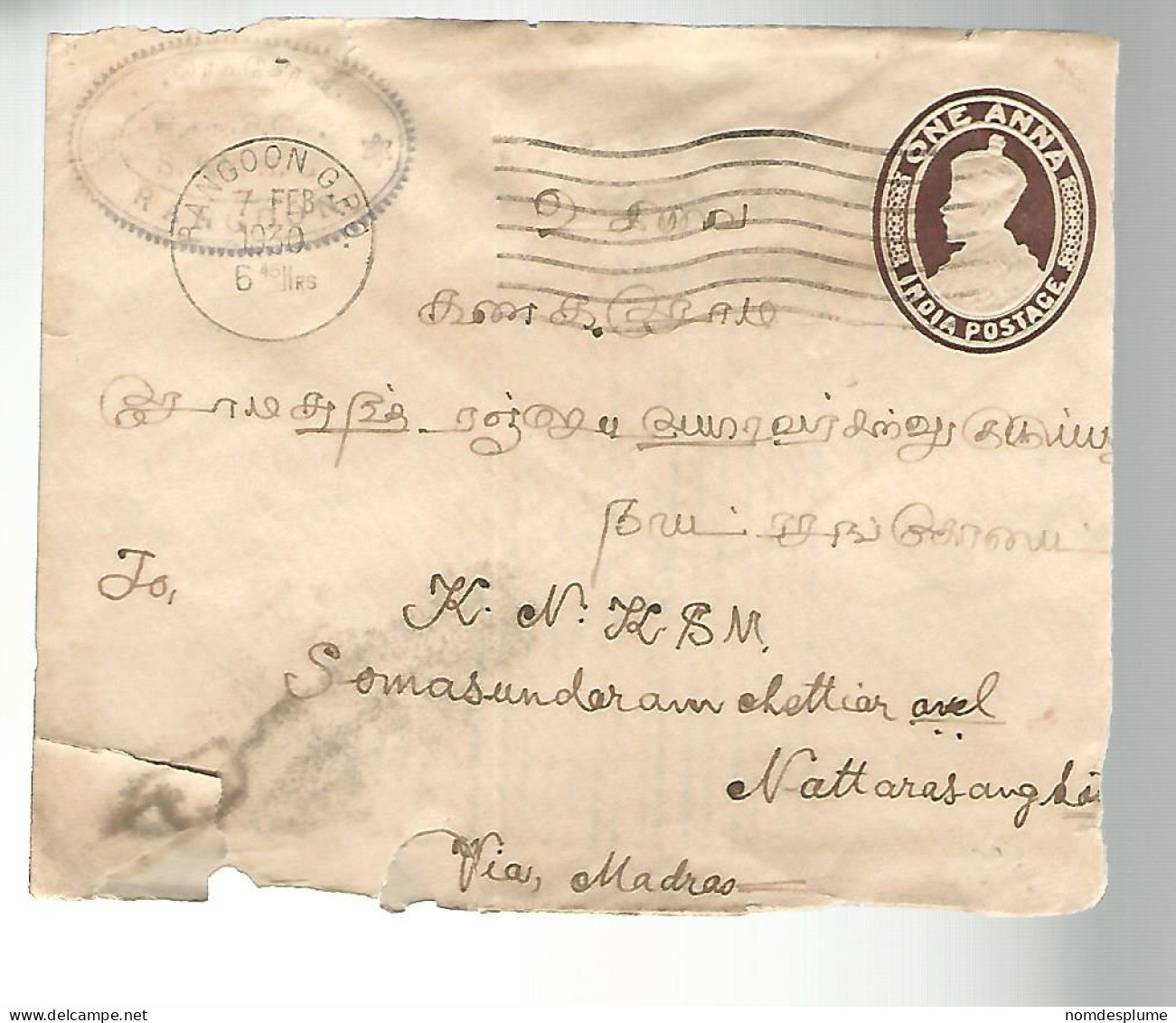 51955 ) Cover India Postmark Rangoon Ramnad 1930 - Sobres