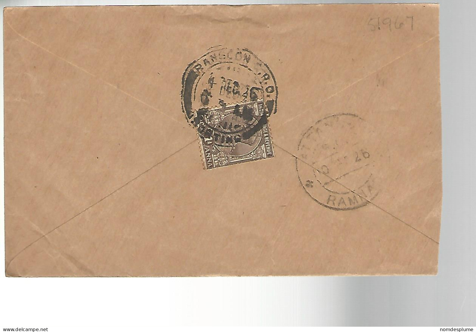 51967 ) Cover India Postmark  Rangoon Ramnad 1926 - Briefe